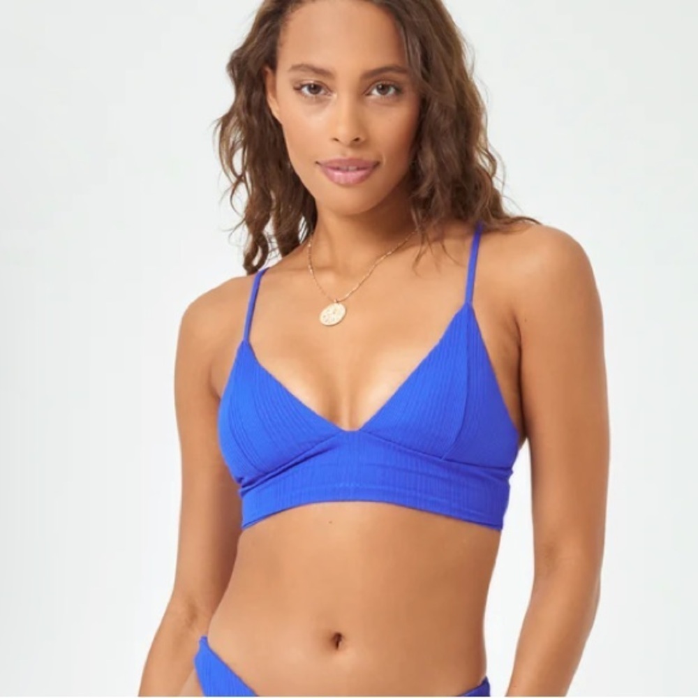 Nwt L*Space Pointelle Rib Royal Blue Winnie Athletic Bikini Top Womens Size L